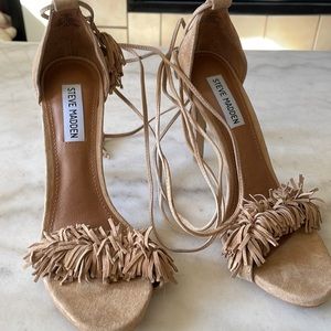 Tan suede fringe heels